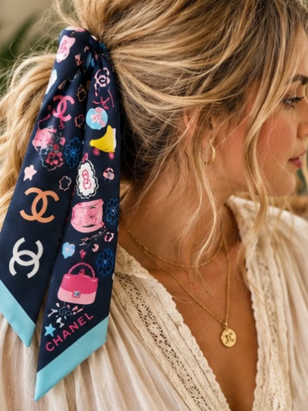 Designer Inspired Navy Silk Twilly Scarf | Pink & Blue Hair Scarf | Purse Ribbon
